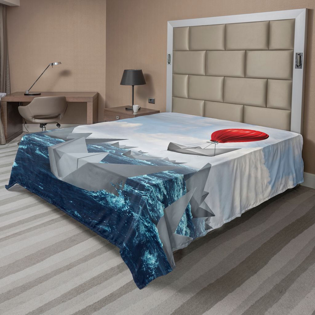 ABAKUHAUS Abstrakt Bettlaken, Dreamy Zusammensetzung der Papierboote auf gewellten Ozean-Ballon, weiches bequemes oberes Bettlaken für ein dekorat...