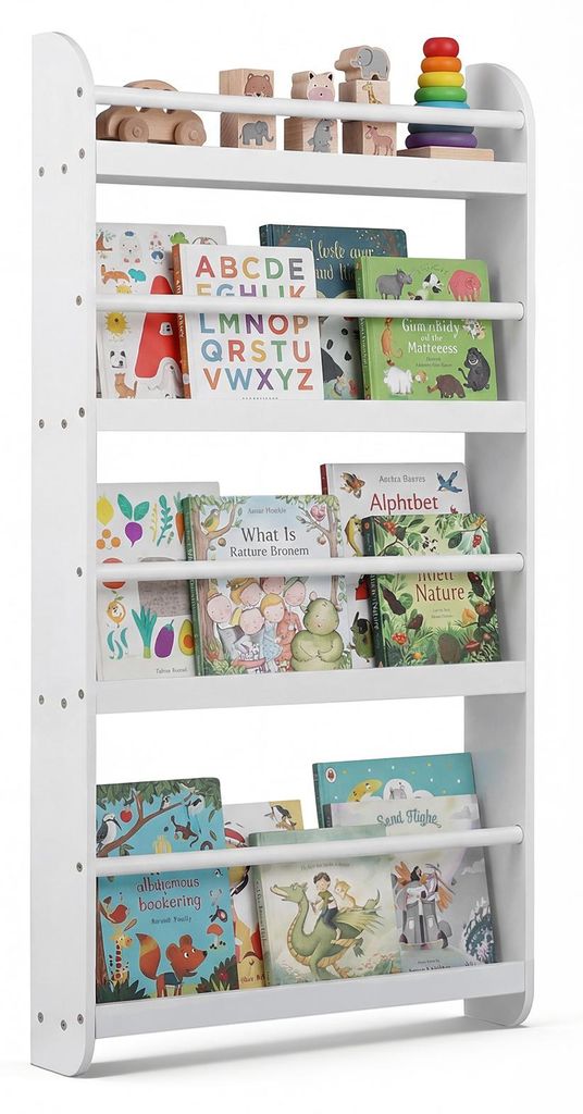 COSTWAY Bücherregal für Kinder, Kinderregal mit 4 Ablagen, Wandregal aus Holz für Spielzeug & Bücher, Aufbewahrungsregal, 56x12x107 cm, Weiß