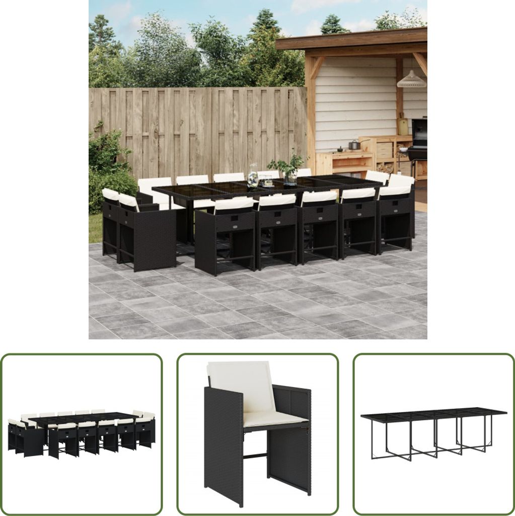 The Living Store 15-tlg. Garten-Essgruppe mit Kissen Schwarz Poly Rattan