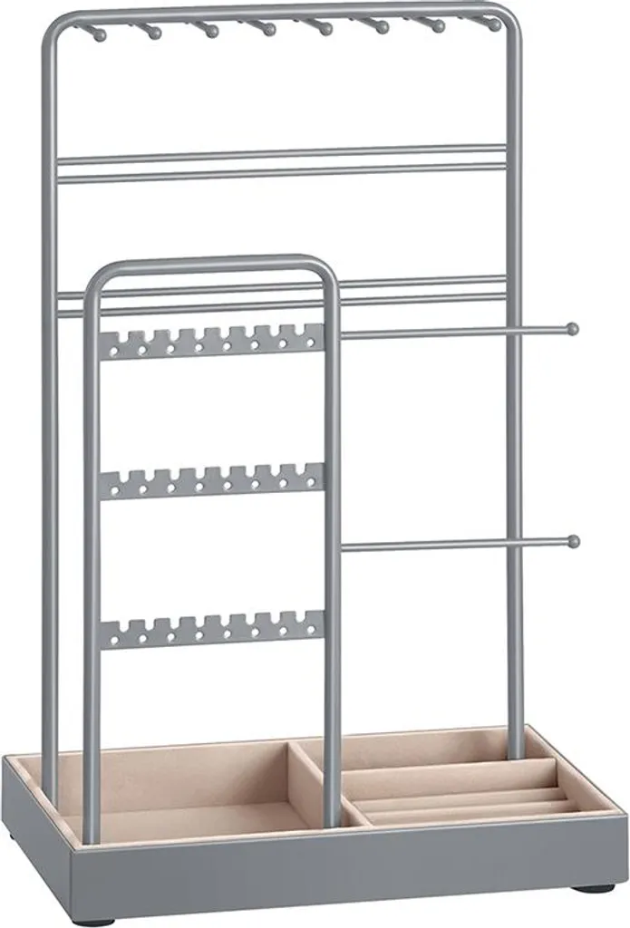 Porte-bijoux robuste en métal gris tourterelle avec socle de rangement stable