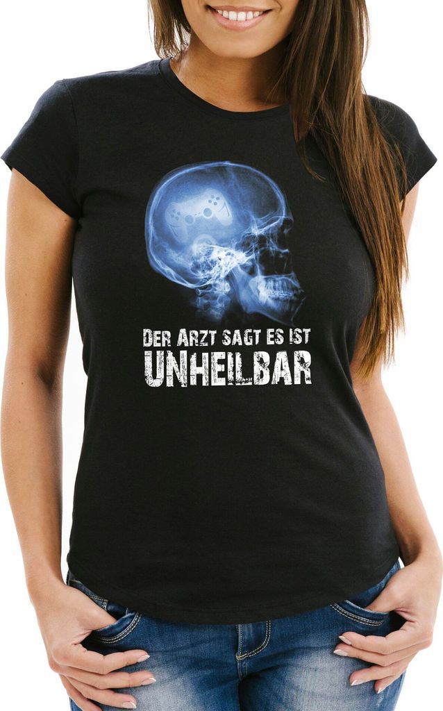 Damen T-Shirt Xray Der Arzt sagt es ist unheilbar Hobby Röntgenbild Schädel Controler Joypad Playstation Zocken Gamer Slim Fit Moonworks schwarz L