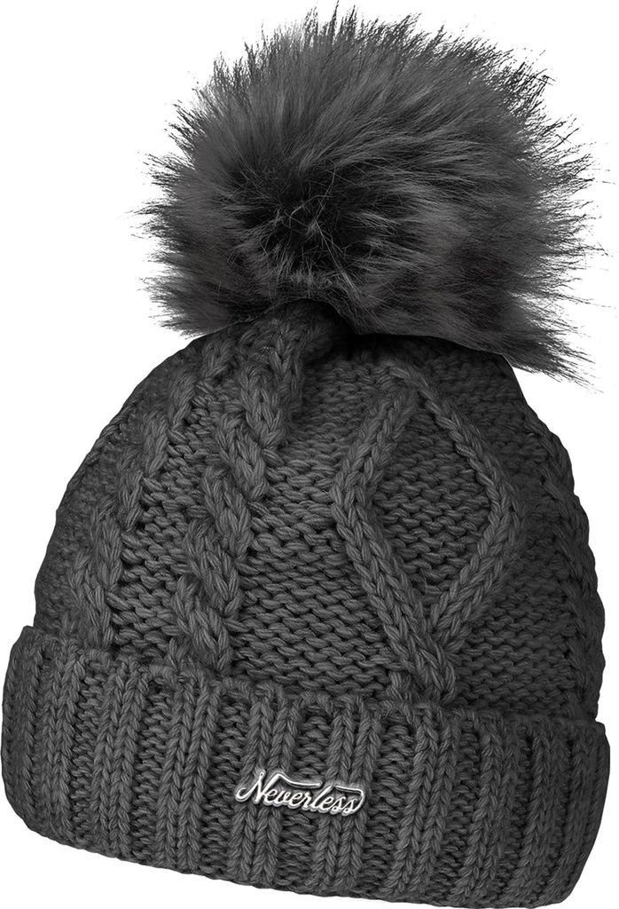 gefütterte Damen Strickmütze Fell-Bommel Fleece-Futter Produktbild 