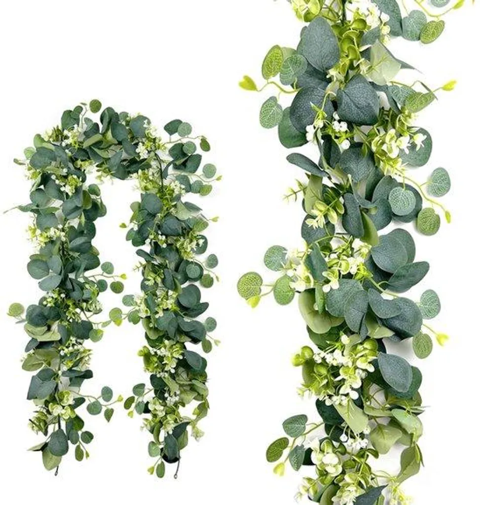 Décoration de Table Fête : 2 Couronnes Fleurs Artificielles Blanc/Eucalyptus