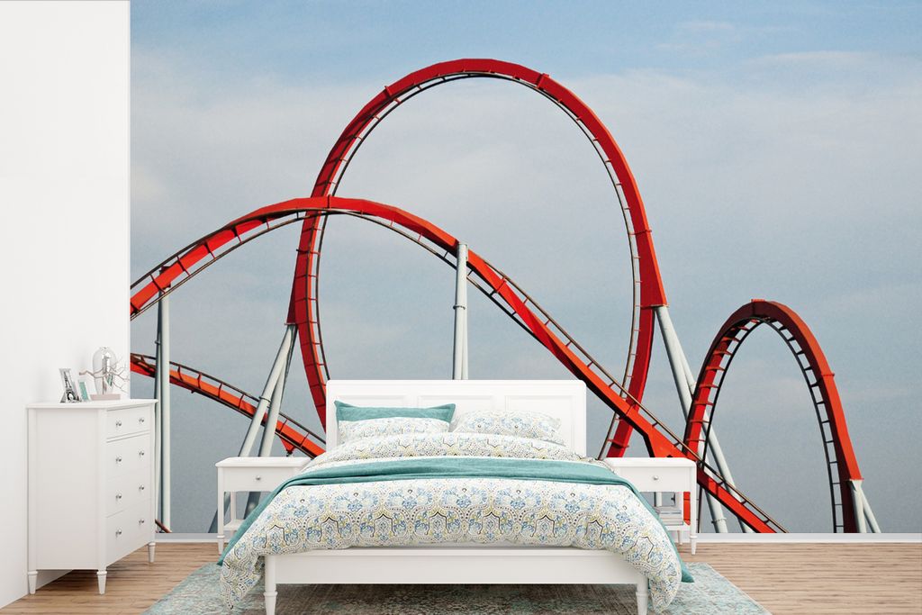 MuchoWow Fototapete für Wohnzimmer oder Schlafzimmer Wandtapete Vinyl Motivtapete Rote Achterbahn im Vergnügungspark - 525x350 cm - Das Hinterg...