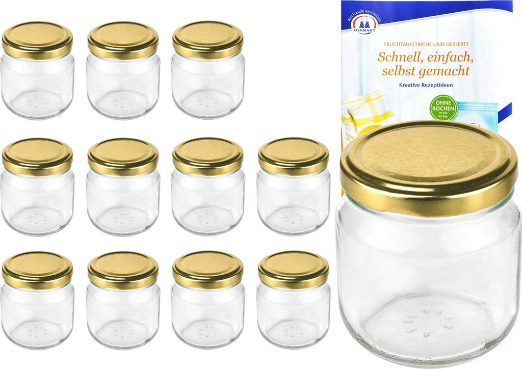 12er Set Rundglas 212 ml nieder To 66 goldener Deckel Einkochgläser Gläser incl. Rezeptheft