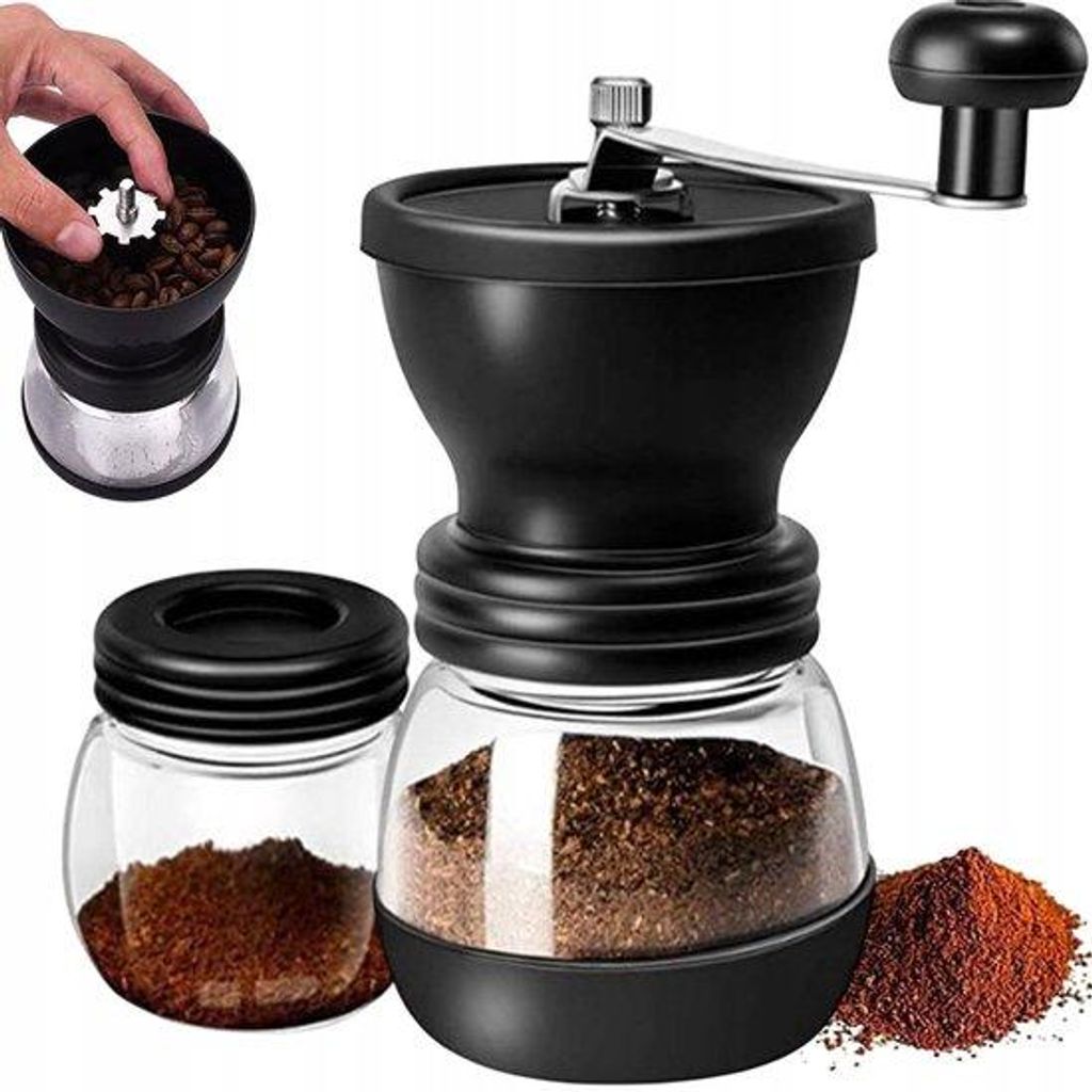 Handgemachte Kaffee-Molenset - Schwarz - Met verlängertem rostfreiem Stahlgriff - Verstellbare Mahlgrad - Antirutschboden - Beiliegend zwei durchs...