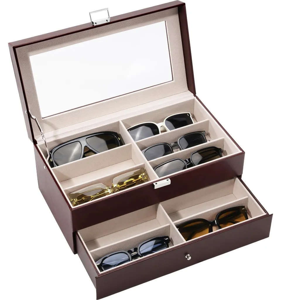 Boîte à lunettes anti-rayures 12 paires, fini cuir et cache-lentilles