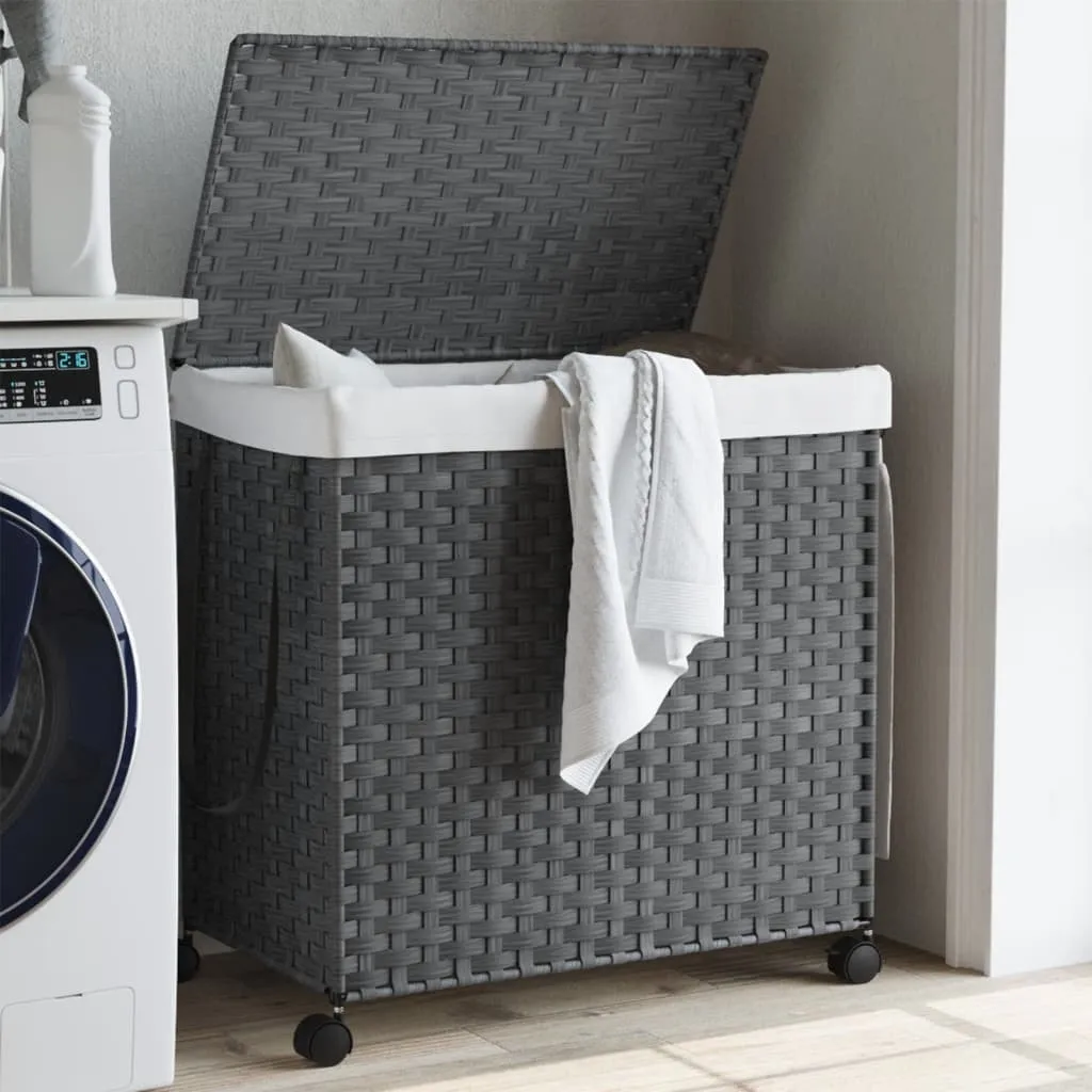 Panier à linge gris en rotin synthétique avec 4 roues multidirection