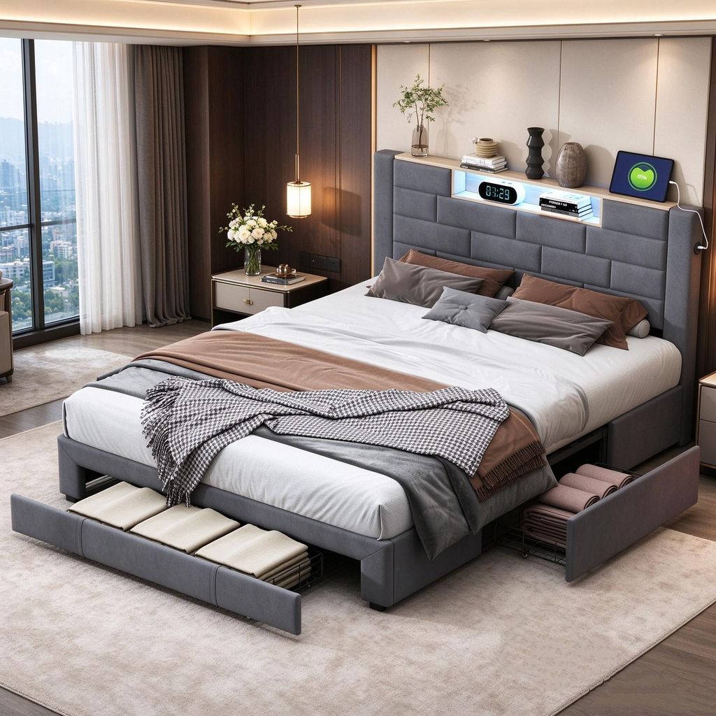 Cama tapizada INONEFT de 160x200 cm con puertos USB y Imagen del producto 