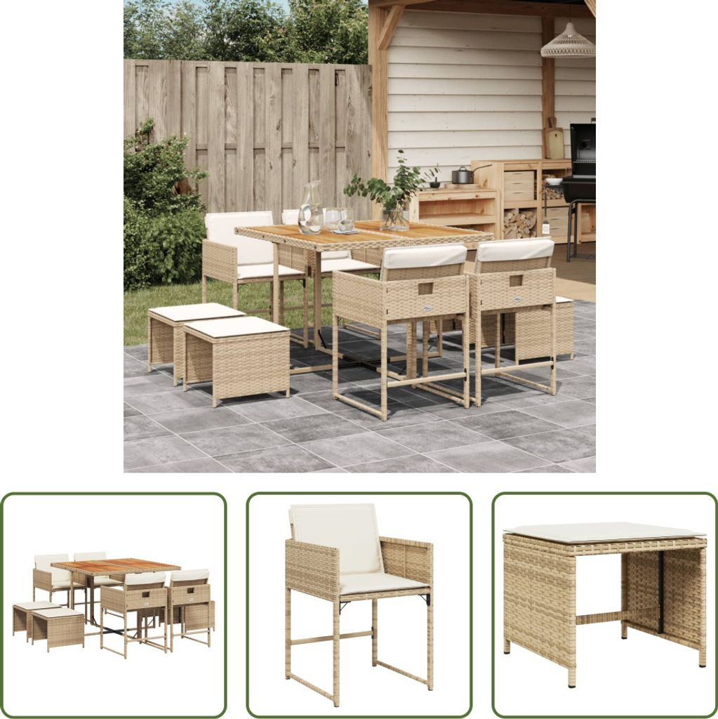 The Living Store 9-tlg. Garten-Essgruppe mit Kissen Beige Poly Rattan