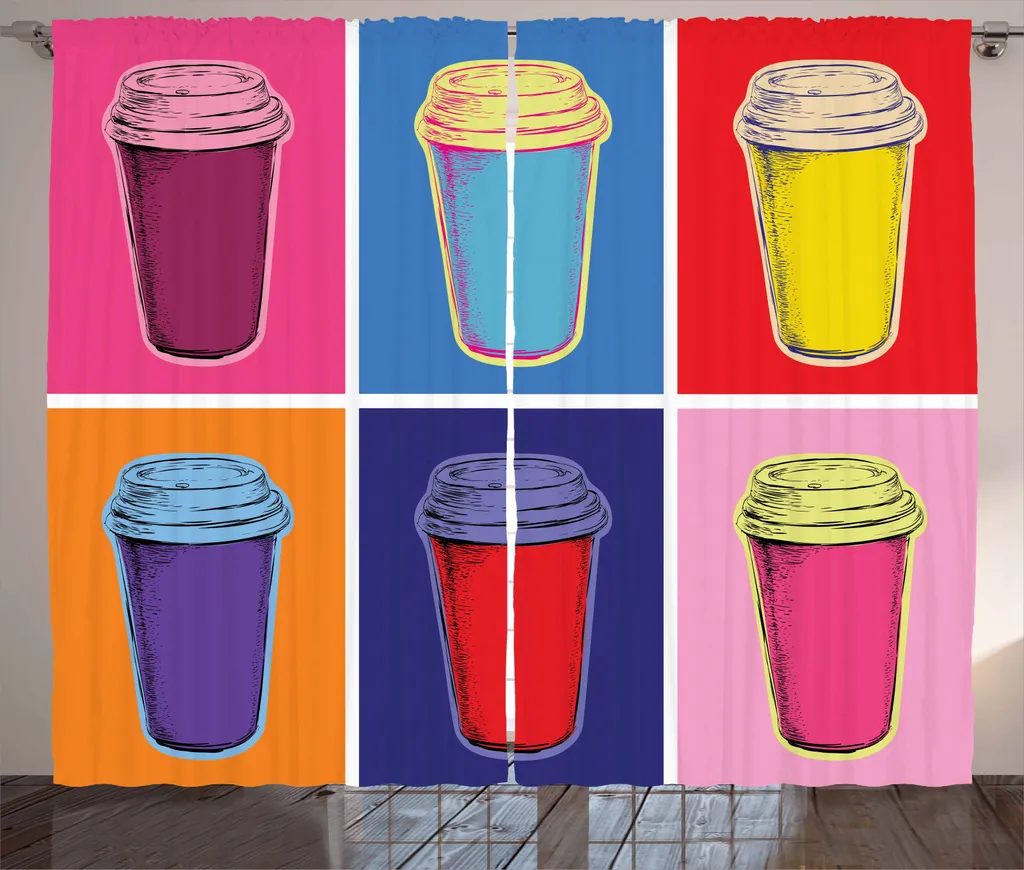 ABAKUHAUS Tenda rustica, tazza moderna in stile pop art, tende universali per soggiorno con passanti e ganci, 280 x 245 cm, multicolore
