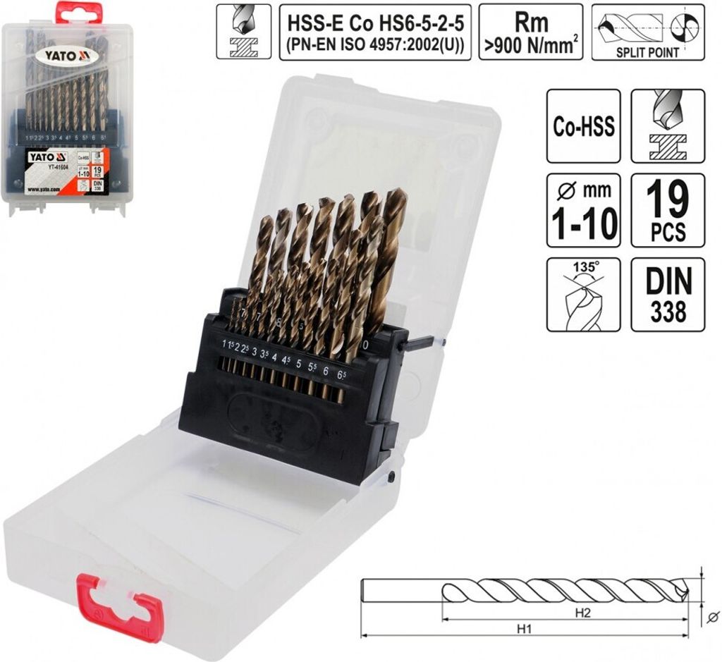 Edelstahl-Bohrer Satz Cobalt Kobalt Metall Spiral-Bohrer Satz Co-Hss 1-10 mm 19 Tlg