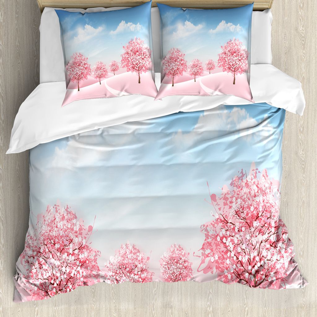 ABAKUHAUS Frühling Bettbezug Set für Einzelbetten, Blooming Sakura Baum-Szene, Milbensicher Allergiker geeignet mit Kissenbezug, 200 cm x 200 cm ...