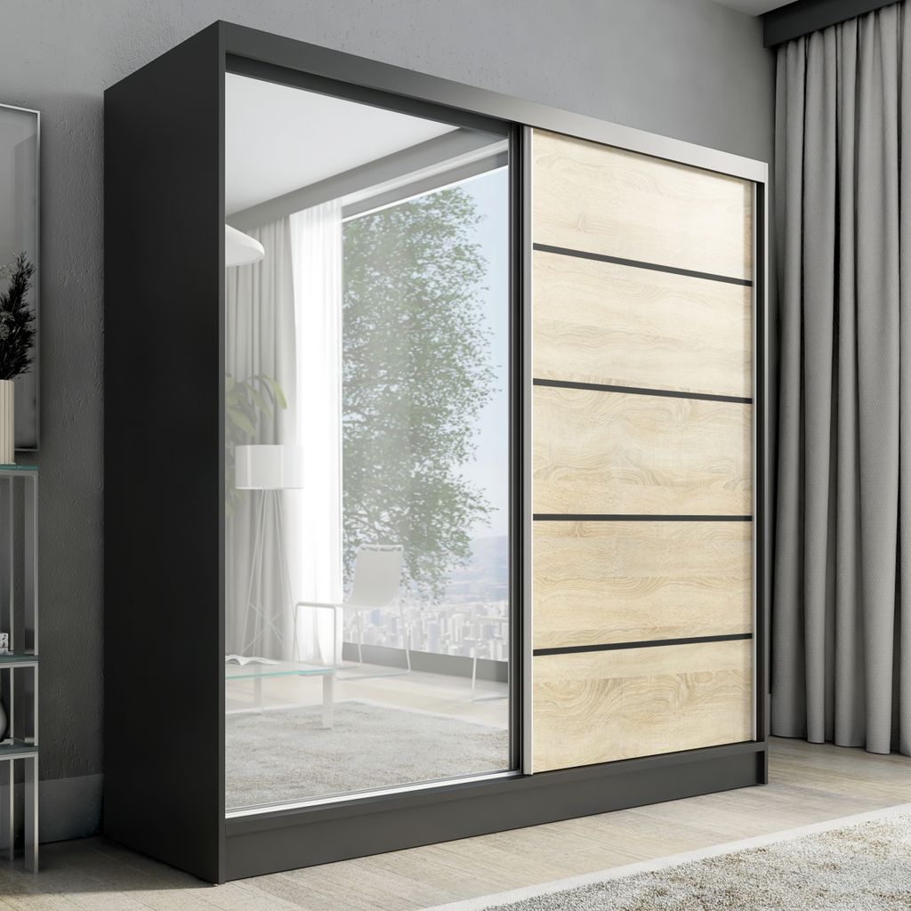 Schwebetürenschrank, 2-türig Schrank mit Spiegel NERO 2 200 Produktbild 