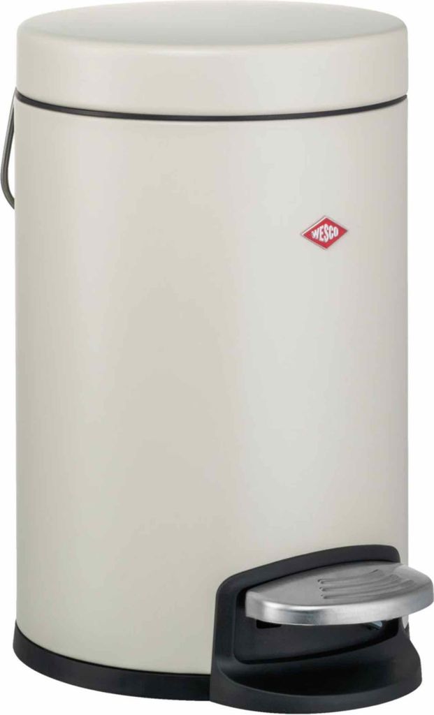 A cream-colored pedal bin with a silver pedal and a black base and rim.