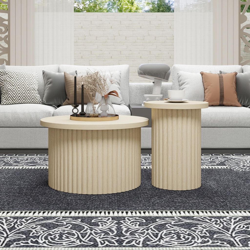 Sweiko Rundes Couchtisch-Set im 2er-Pack mit natürlicher Holzoptik und wellenförmiger Struktur – integrierter Beistelltisch, ideal für Wohnzim...