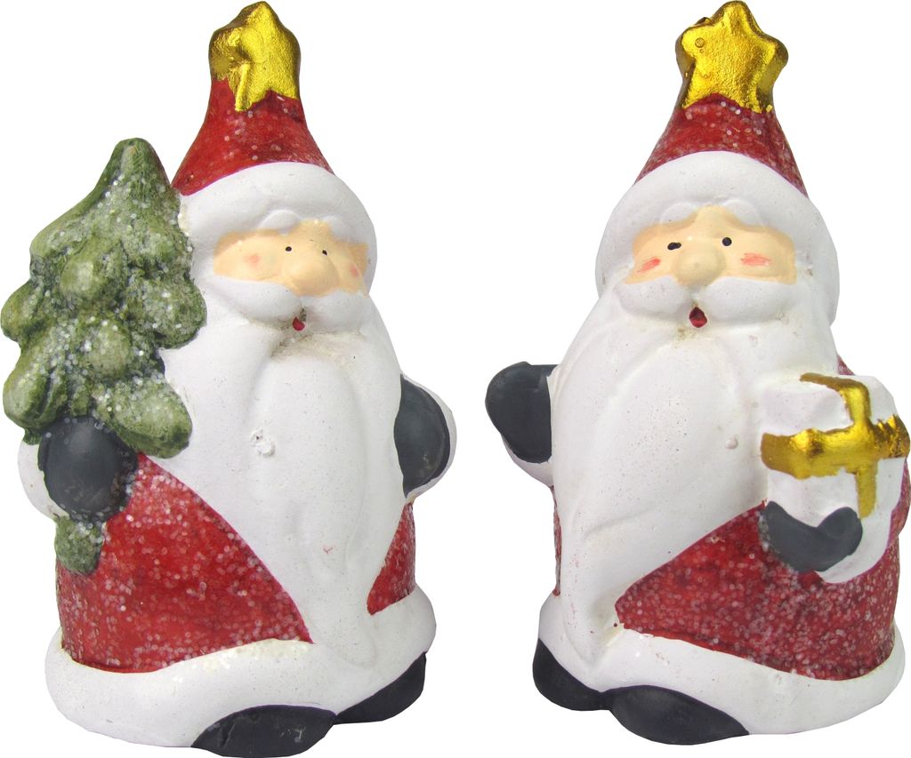 Weihnachtsfiguren - Weihnachtsdeko - 2er Set Dekofiguren aus Keramik, Handbemalt (Santa mit Baum und Paket)