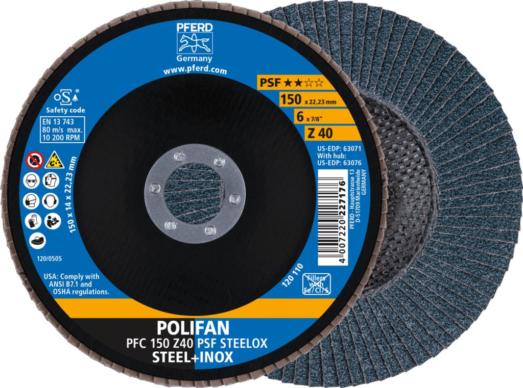 PFERD TOOLS POLIFAN Fächerscheibe PFC 150x22,23 mm konisch Z40 Uni.-Linie PSF STEELOX Stahl/Edelstahl