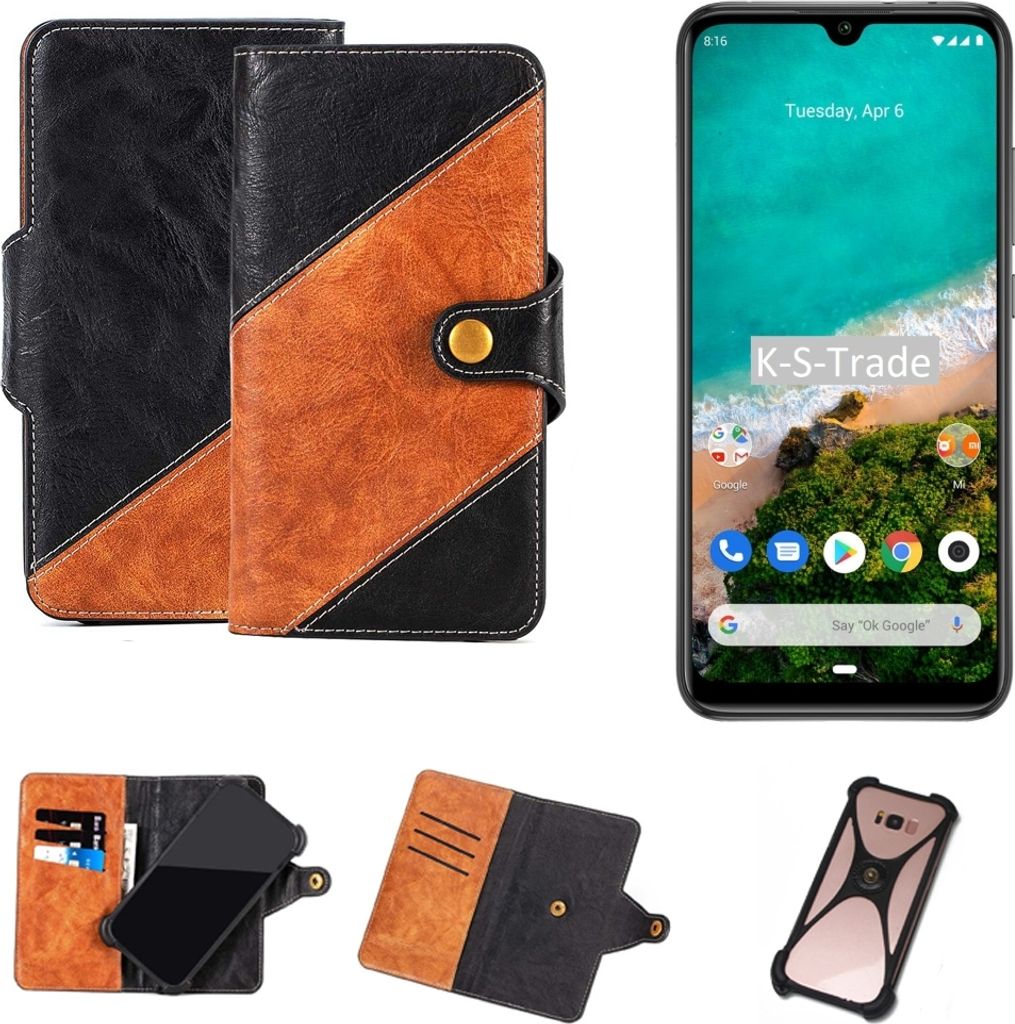 K-S-Trade Handyhülle Schutzhülle Bookstyle Case Wallet-Case kompatibel mit Xiaomi Mi A3 Handy Cover Bumper Klapphülle schwarz hellbraun 1x