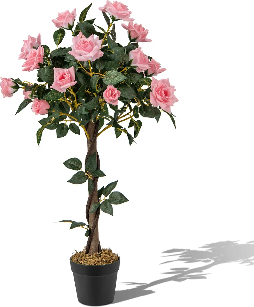 Arbre à Fleurs Artificiel 93 cm avec Tronc en Bois et 21 Roses de Pin