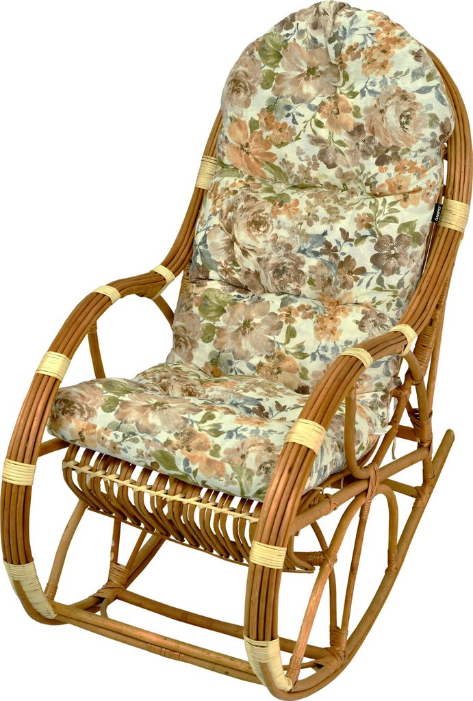 A rattan rocking chair with a floral cushion, isolated on a white background.