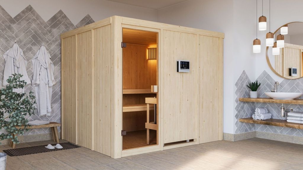 Karibu Sauna Innensauna Nybro Fronteinstieg Ofen 9 kW integr. Strg 231x196x198 cm ohne Dachkranz