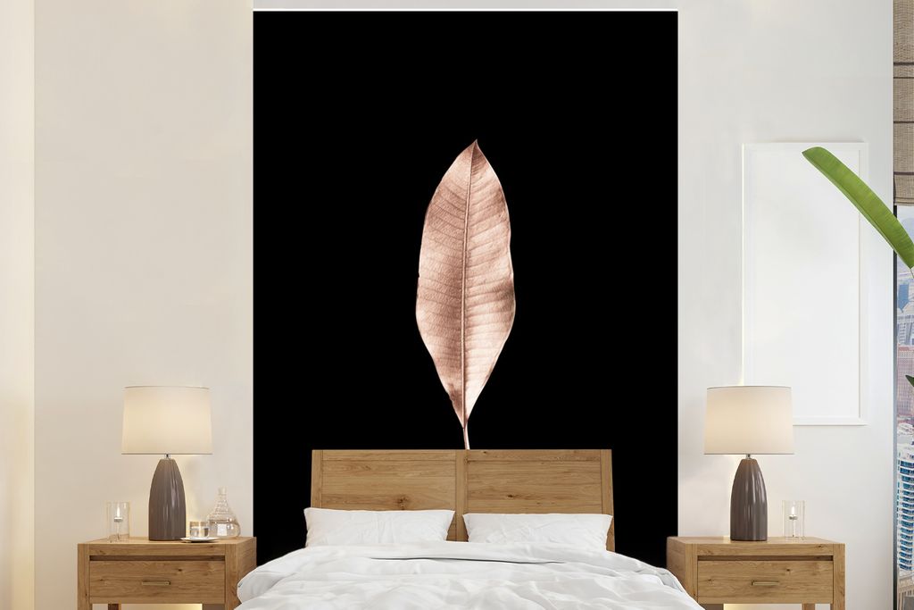 MuchoWow Fototapete für Wohnzimmer oder Schlafzimmer Wandtapete Vinyl Motivtapete Roségold - Blätter - Schwarz - 145x220 cm - Wanddekoration