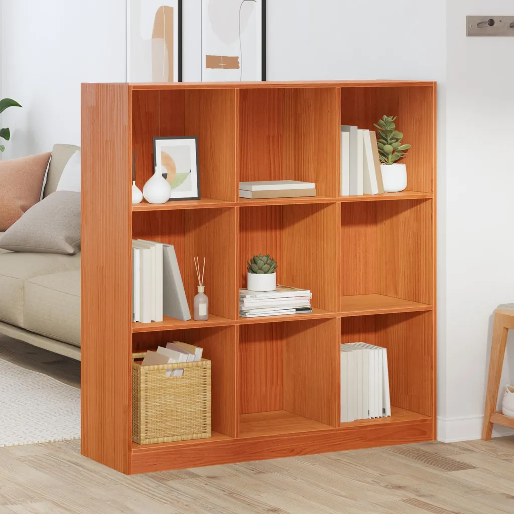 Rangement livres en pin massif 104 cm brun cire pour bureau et salon