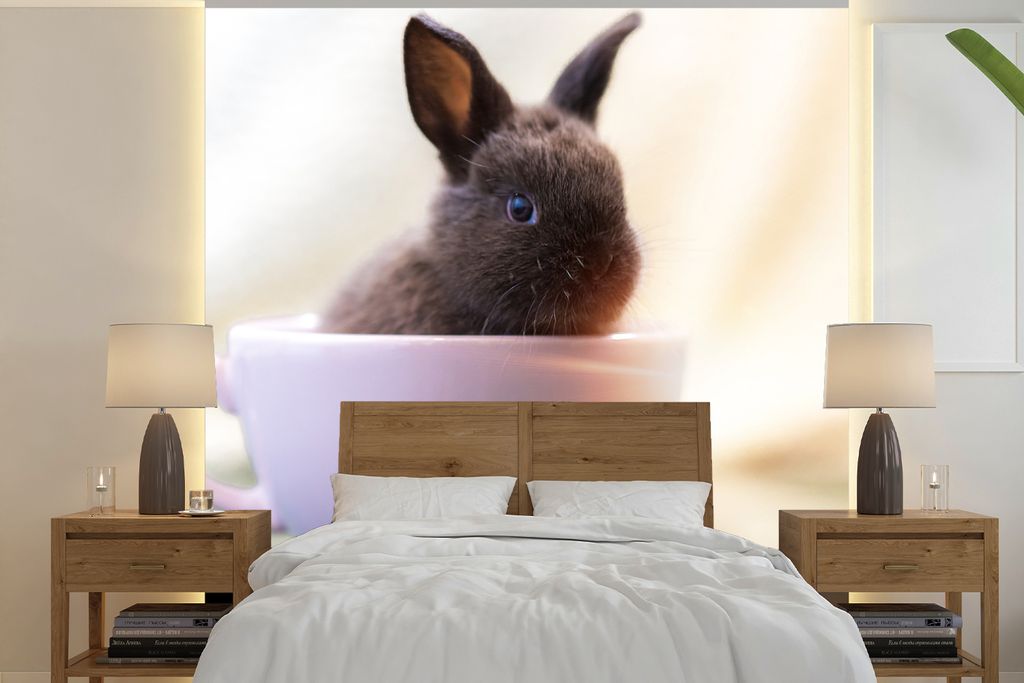 MuchoWow Fototapete für Wohnzimmer oder Schlafzimmer Wandtapete Vinyl Motivtapete Kaninchen - Baby - Teetasse - 260x260 cm - Papiertapeten