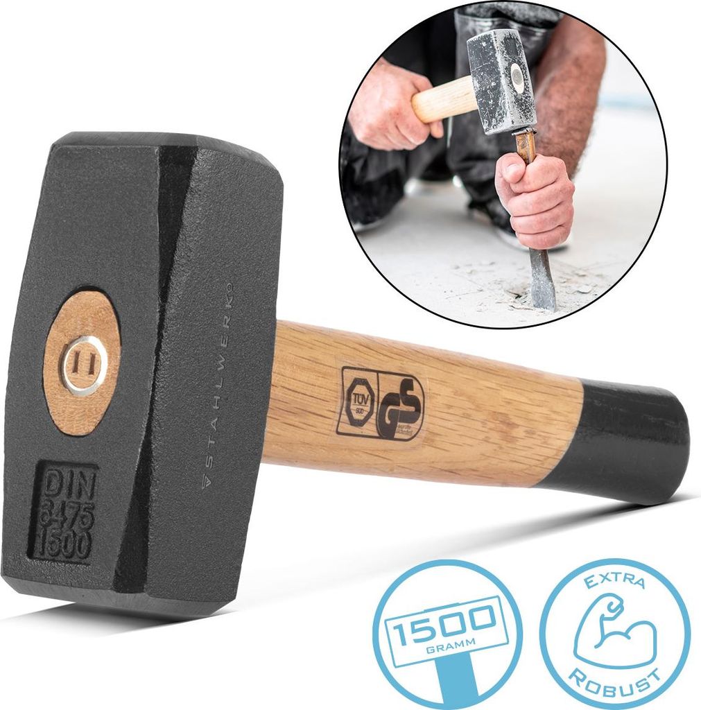 STAHLWERK Fäustel mit 1500 g Hammerkopf aus lackiertem, gehärtetem Kohlenstoffstahl – Plattenhammer mit bruchfestem Hartholzstiel, Vorschlaghammer