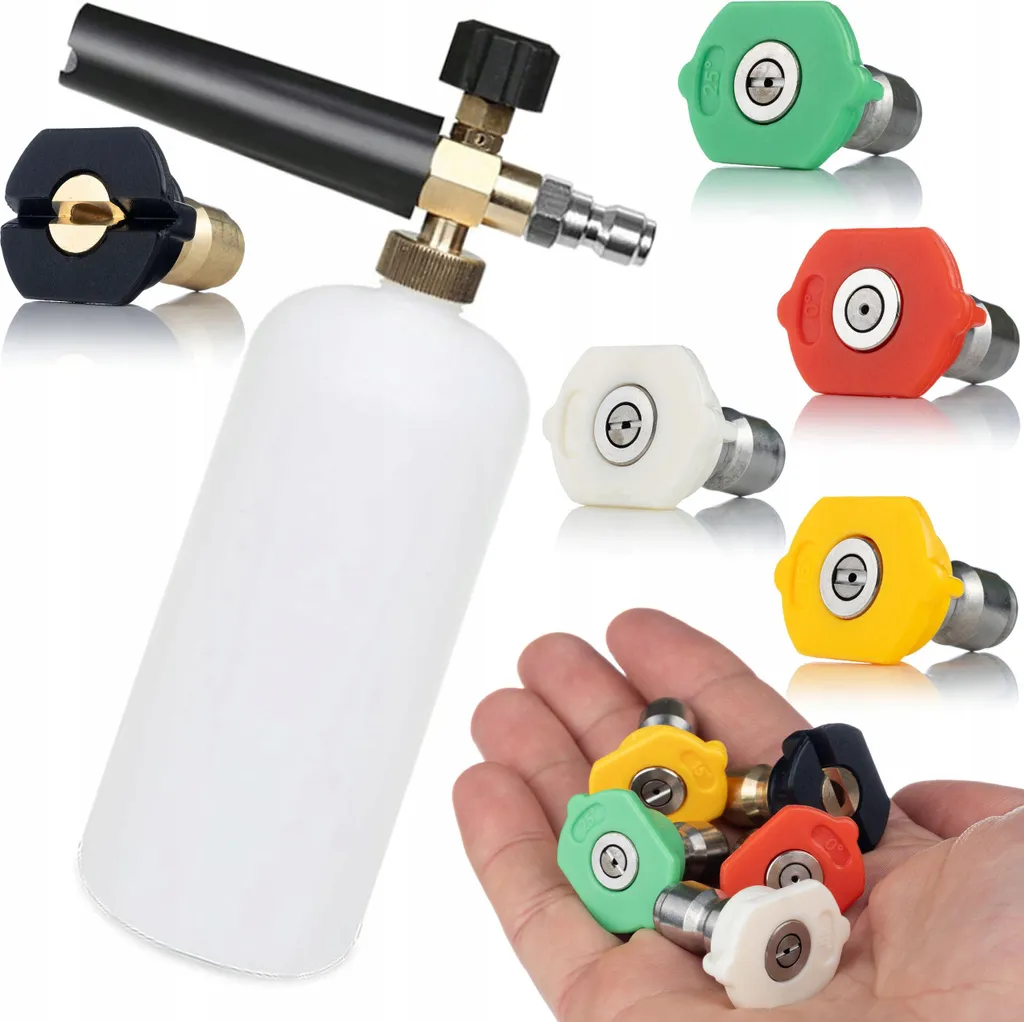 Rosfix Set di 5 Ugelli Ad Attacco Rapido per Idropulitrici (0°, 15°, 25°, 40°, 60°) + 1000 ml di Schiumogeno per Idropulitrici