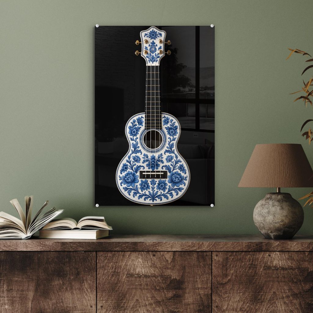 MuchoWow Glasbilder - Bilder auf Wandbild - Foto auf Glas Ukulele - Delft - Blau - Musik 40x60 cm Wanddekoration aus Glas - Acrylglasbild - Acrylbi...