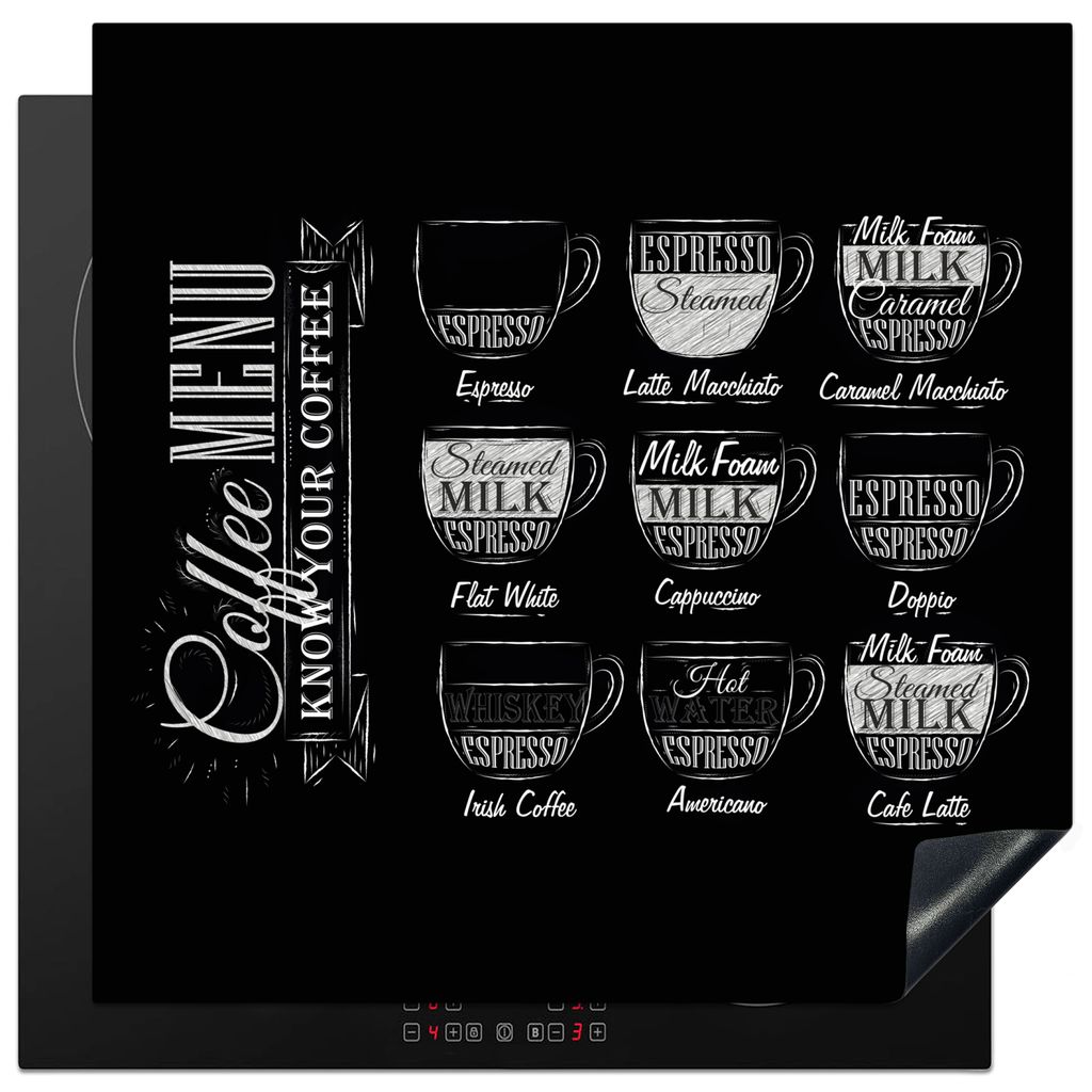 KitchenYeah Herdabdeckplatte Kaffee - Menü - Schwarz - Weiß , 78x78cm, Küche Deko, Glaskeramikkochfeld Herdabdeckung, Abdeckplatte fùr Kochfeld