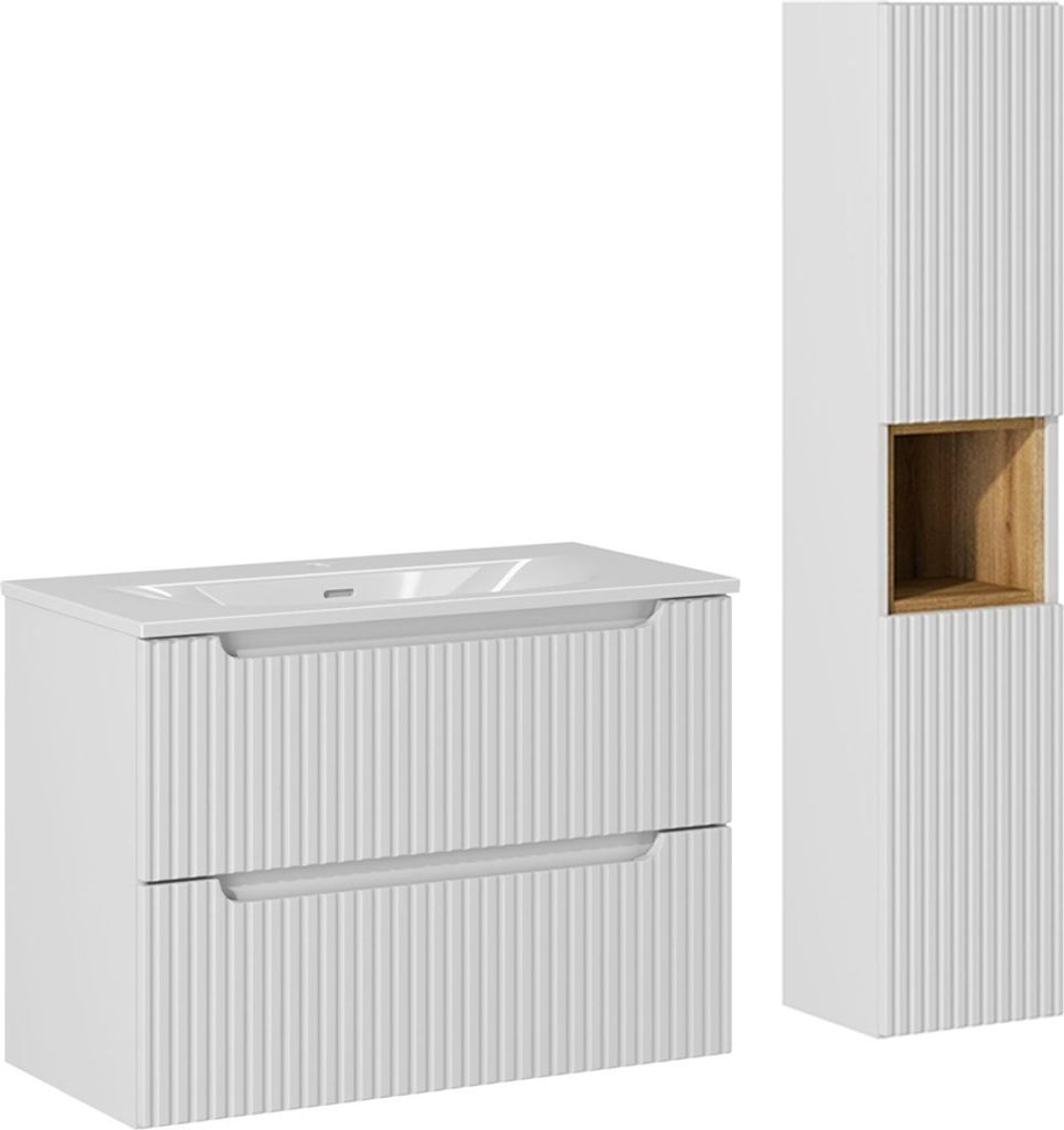 Waschtisch und Hängesäule 80cm Riva mit 2 Schubladen, Weiß