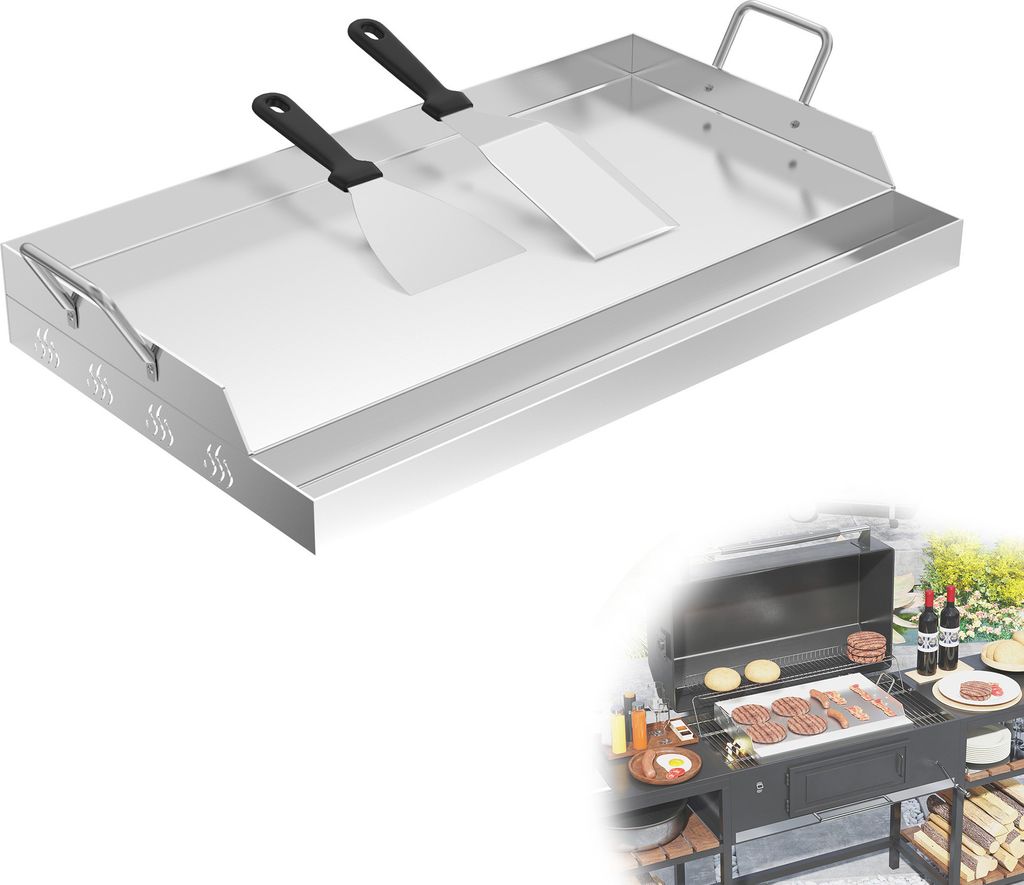 LARS360 Edelstahl Plancha Grillplatte 51x32cm – 2mm dick mit Griff – Universell einsetzbar für Gasgrill & Holzkohle, mit Grillspachtel & Schab...