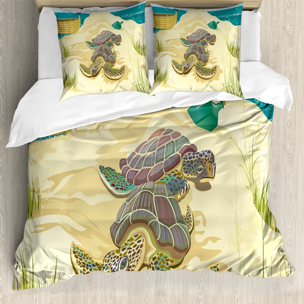ABAKUHAUS Copripiumino Tartaruga, Tartarughe marine Barca sulla sabbia, Antiacaro Adatto a chi soffre di allergie con federe, 155 cm x 220 cm - 80 x 80 cm, Giallo pallido Verde verde acqua
