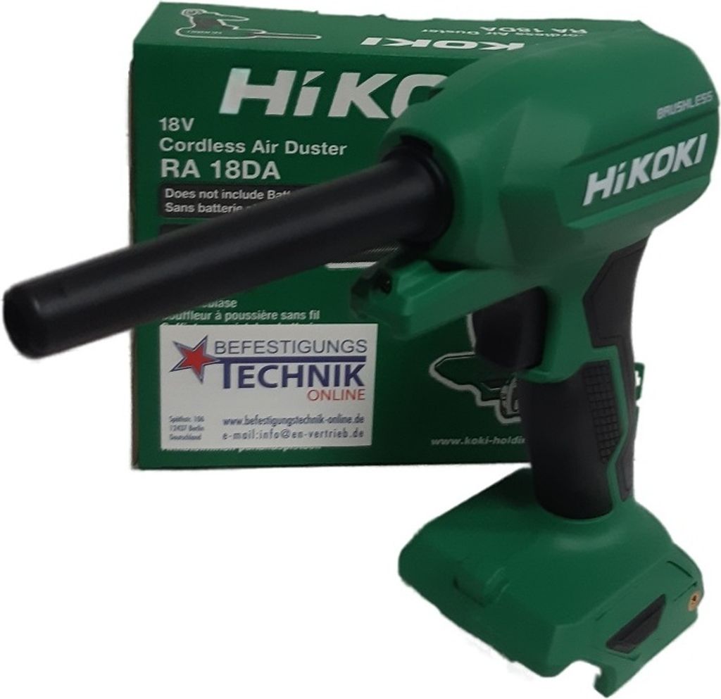 A green and black cordless air duster is shown in front of its packaging box.