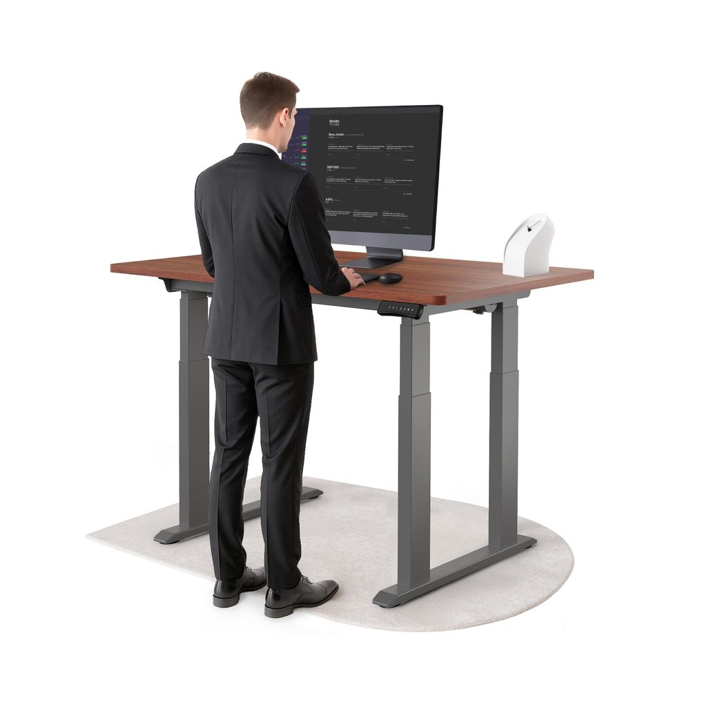 DESKSPACE Höhenverstellbarer Schreibtisch elektrisch mit leisem Dual-Motor – stabiles 4-Bein-Gestell (Grau Gestell, Mahagoni Tischplatte, 140×7...