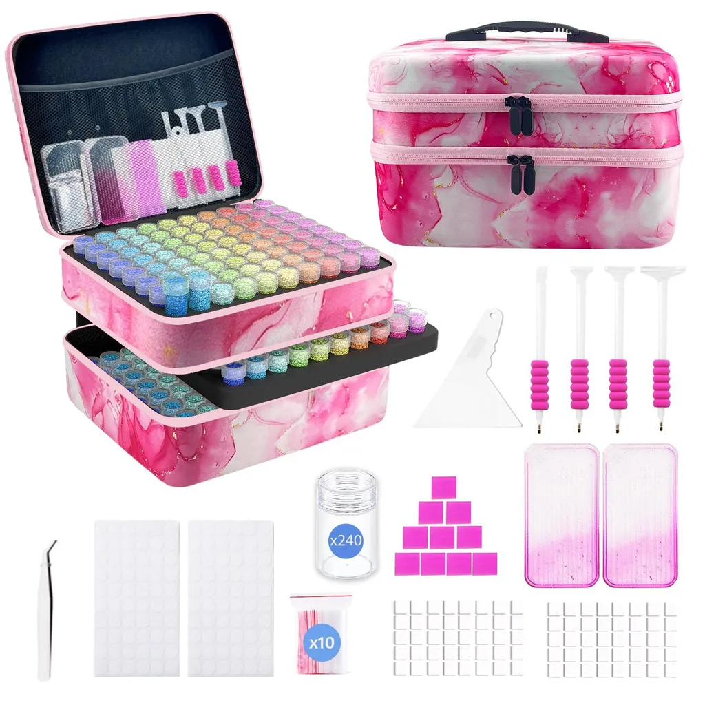 Boîte de rangement peinture diamant 240 compartiments et accessoires roses