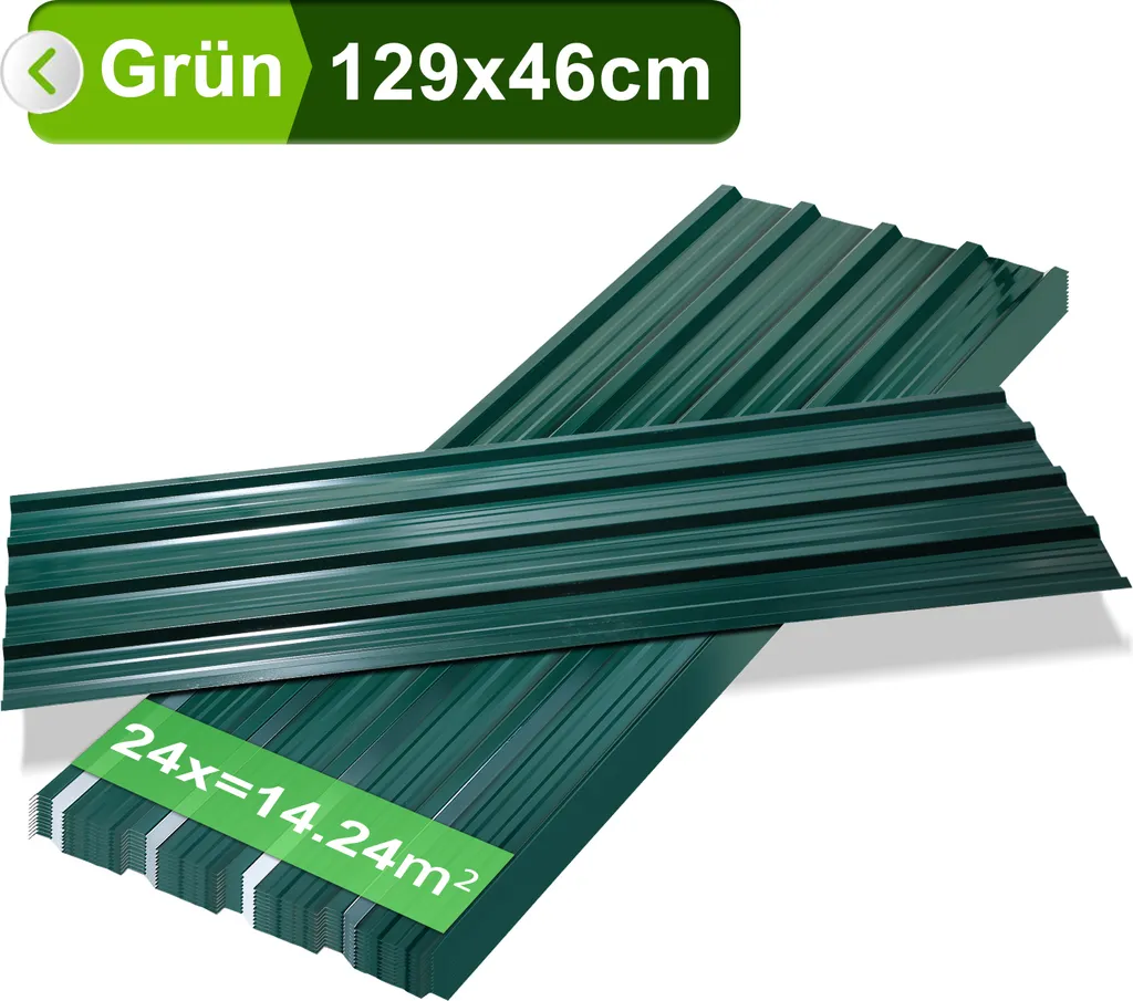 Lastre in Metallo Profilato Verde 129x46 cm | Set 24 Pezzi per Tetti