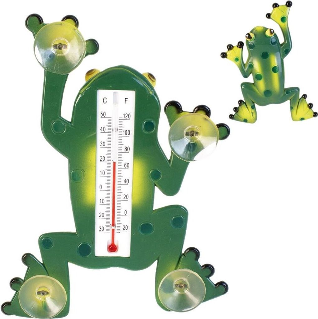 A green frog-shaped thermometer with suction cups is shown against a white background. Another smaller frog is in the background.