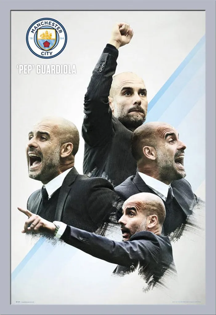 Manchester City - Poster - Guardiola 16/17 + cornice rimovibile, Shinsuke® Maxi MDF argento, disco acrilico