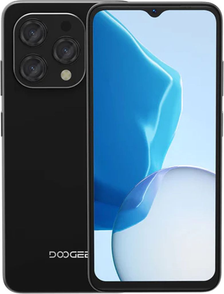 A black smartphone is shown from the back and front.