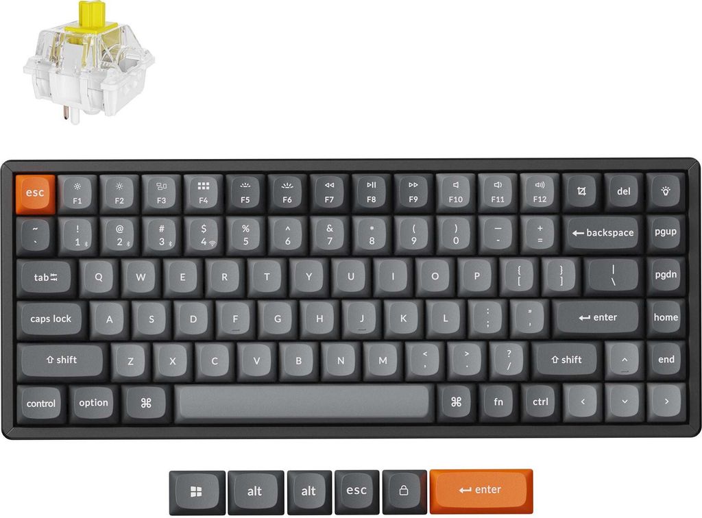 A mechanical keyboard and a keyboard switch are shown against a white background.