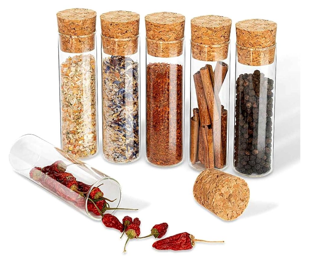 6 Gewürzgläser mit Korken (dunkelbraun), kleine Glasfläschchen für Gewürze (70 x Ø30 mm)