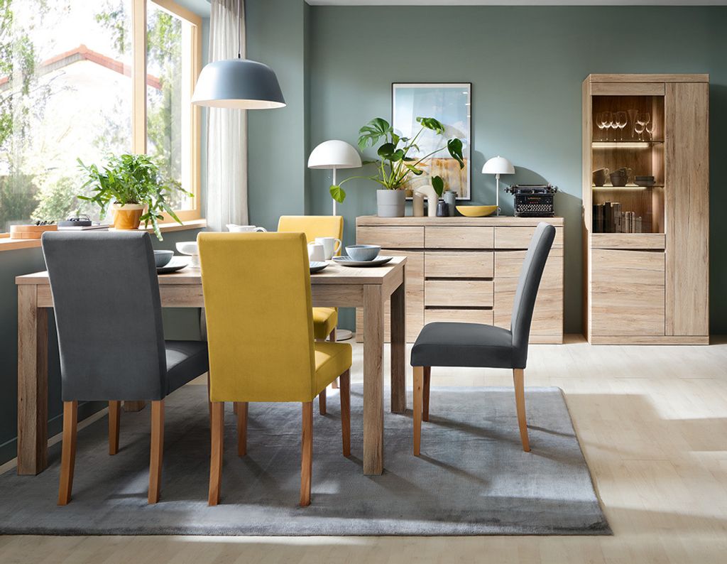 Esszimmer Set Esstisch 140-180 cm, Sideboard, Vitrinenschrank mit Beleuchtung SANFORD-129 in Eiche hell Nb.