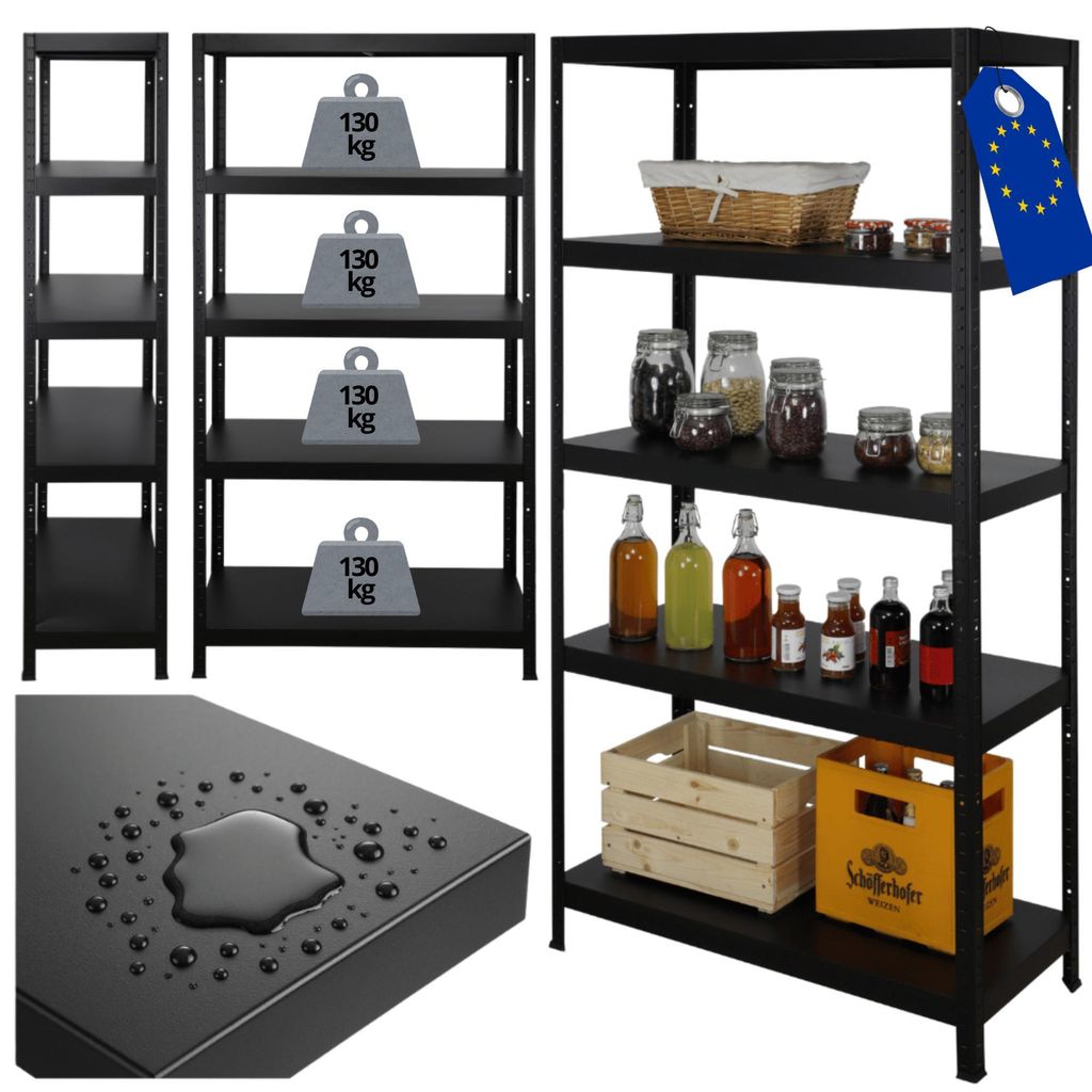 MODO24 Schwerlastregal Metall, Elara, Steckregal, Lagerregal, Werkstattregal, Kellerregal, Garagenregal, 5x130kg Traglast, 180x90x40cm, Schwarz, EBB