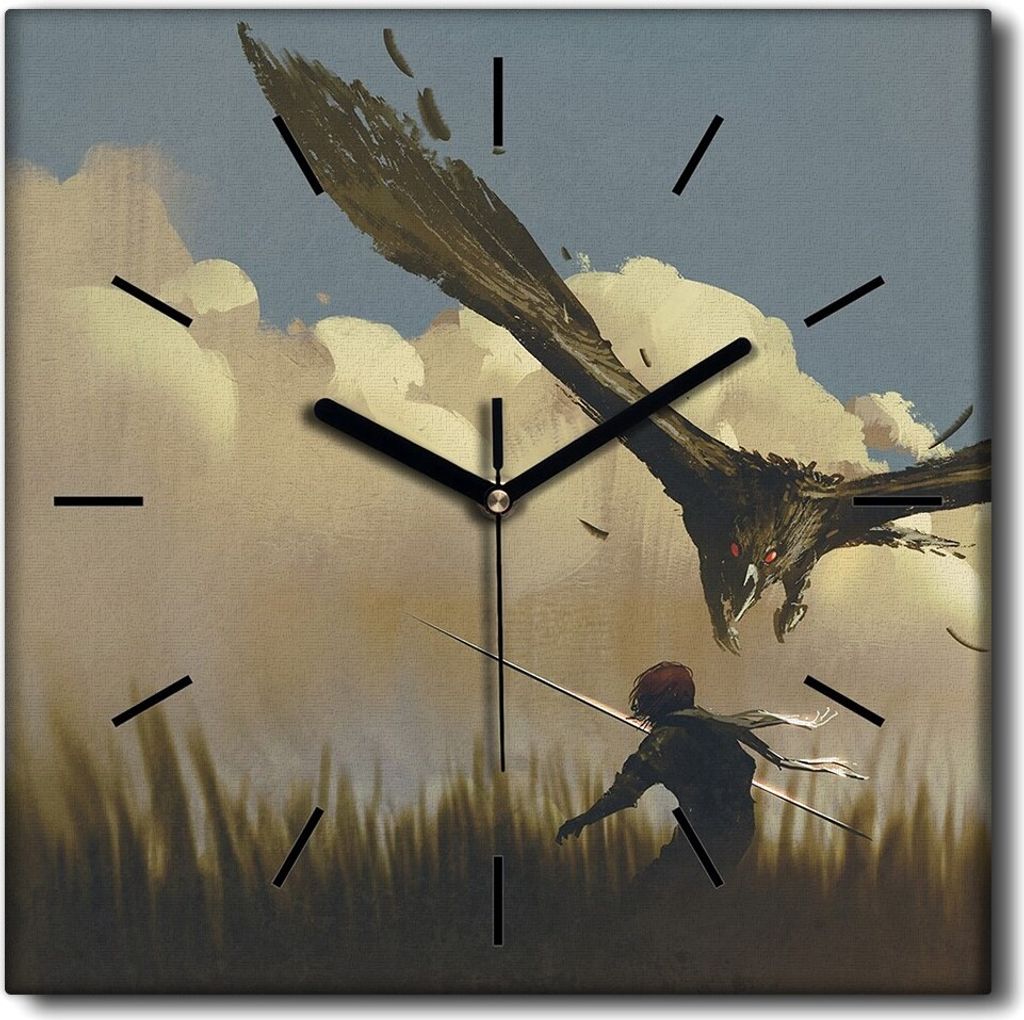 Coloray Uhr auf Leinwand 30x30 cm Wand Uhr Dekoration Wohnzimmer Segeltuch schwarze Hände -Eagle greift Krieger an