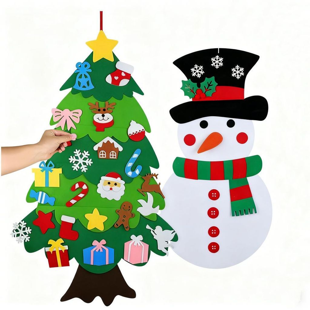 A DIY felt Christmas tree and snowman decoration set.