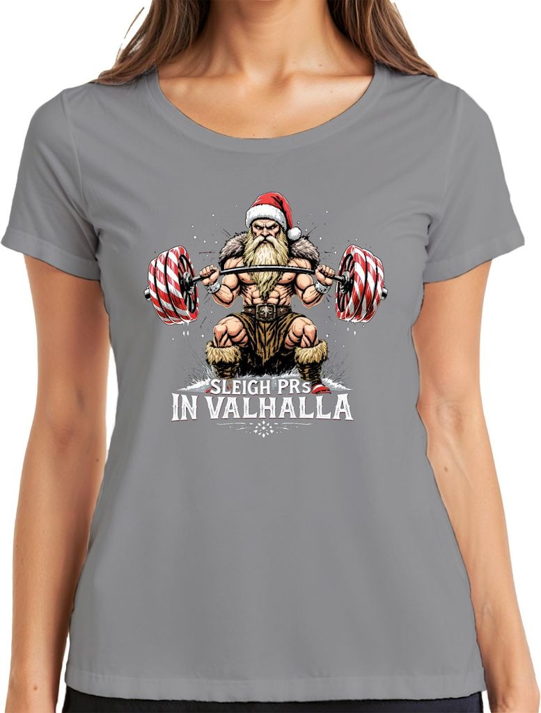 Sleigh PRs In Valhalla Powerlifting Weihnachtsmann Geschenk Gym Damen T-Shirt, Grau, S
